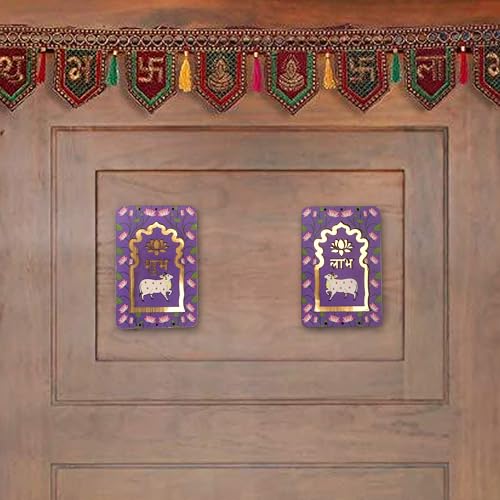 ProKart MDF 3 Inch Lotus & Cow Shubh Labh for Door Entrance | Cow Shubh Labh hangings for Puja Return Gifts | Decorative Hangings for Navratri & Diwali Décor (Lotus Cow - Purple 1 Pair) - Image 2