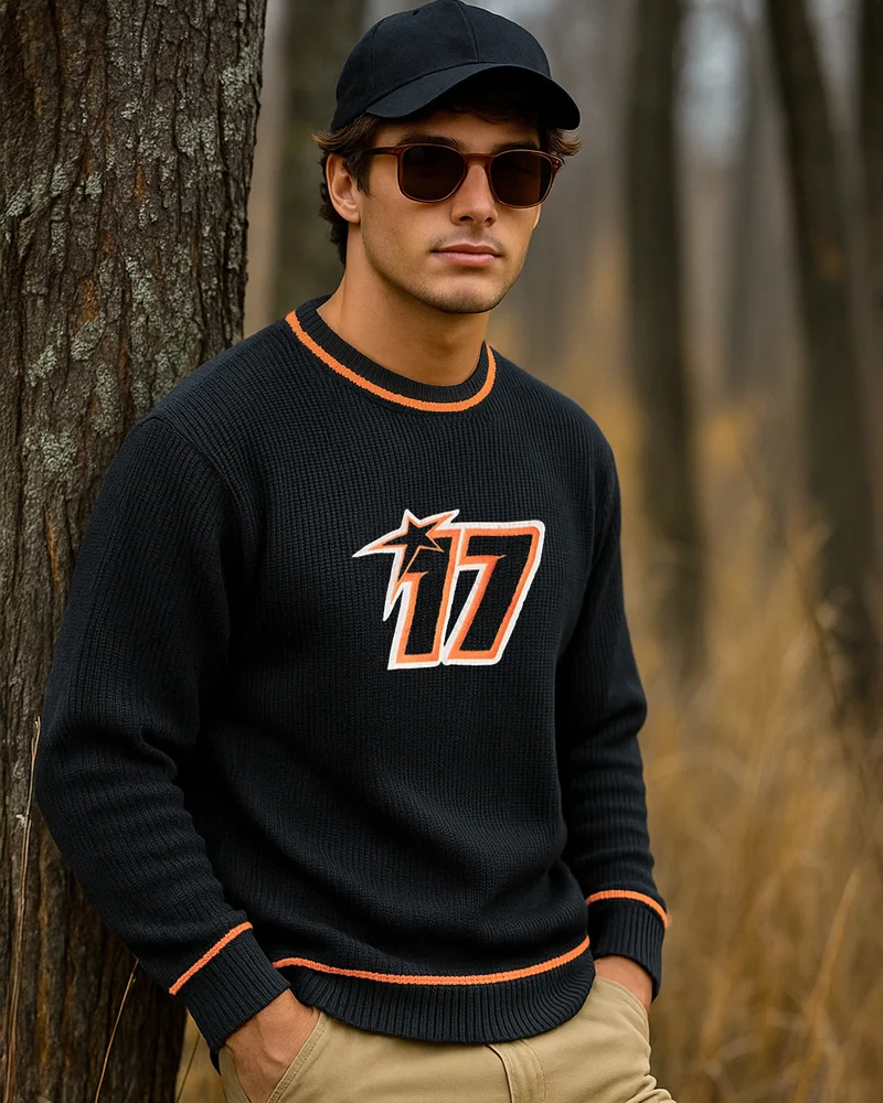 بيواكوف Men's Black & Orange Typography Super Loose Fit Sweater