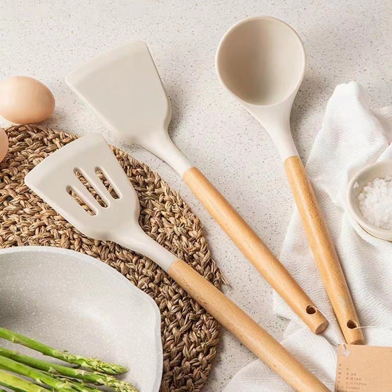 Chinese-style Wooden Handle Silicone Shovel Cooking Non-stick Pan Household Kitchen Good suit White Silicone Cookware Pot and Spoon(creamy-white spoon) - Image 3