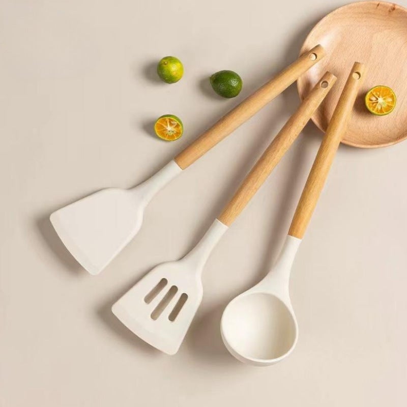 Chinese-style Wooden Handle Silicone Shovel Cooking Non-stick Pan Household Kitchen Good suit White Silicone Cookware Pot and Spoon(creamy-white spoon) - Image 2
