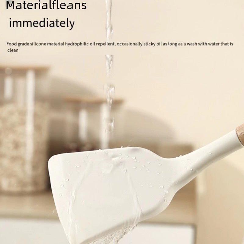 Chinese-style Wooden Handle Silicone Shovel Cooking Non-stick Pan Household Kitchen Good suit White Silicone Cookware Pot and Spoon(creamy-white spoon) - Image 5