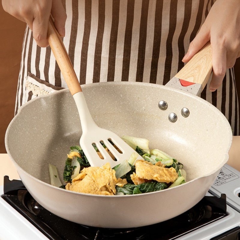 Chinese-style Wooden Handle Silicone Shovel Cooking Non-stick Pan Household Kitchen Good suit White Silicone Cookware Pot and Spoon(creamy-white spoon) - Image 4