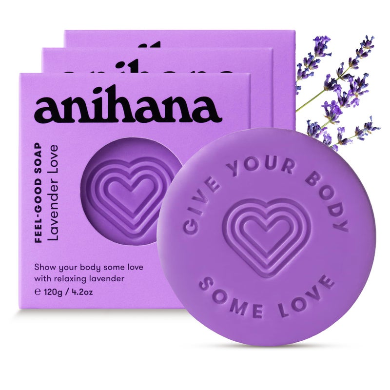 ANIHANA Feel-Good Soap 3 Pack with Coconut Oil and Shea Butter, Gentle Cleansing, Paraben Free, Cruelty Free, Refreshing Lavender Love Scent, 4.2 oz each - Image 1