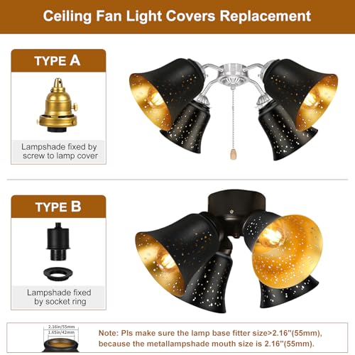 ALUCSET Ceiling Fan Light Covers, 4 Pack Pendant Light Shade Replacement with 1-5/8" Fitter, ALUCSET 4.5" Height and 4-3/4" Diameter, Metal Bell Shaped Cover for Chandelier Pendant Light Wall Sconces Series - Image 3
