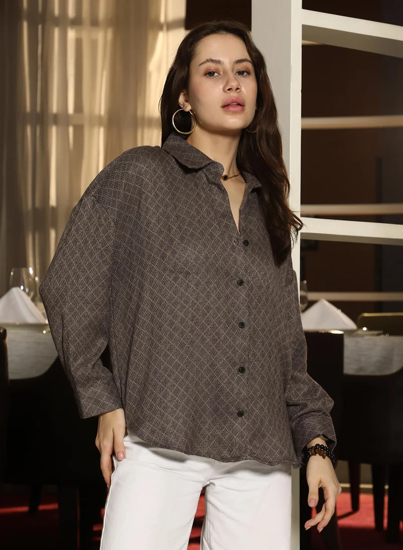 PINACOLADA Pinacolada Women's Umber Brown Diamond Dobby Oversized Shirt | Spread Collar , Long Cuffed Sleeves , Button Closure | Geometric Dobby Material | Polyester Shirt For Casual Wear