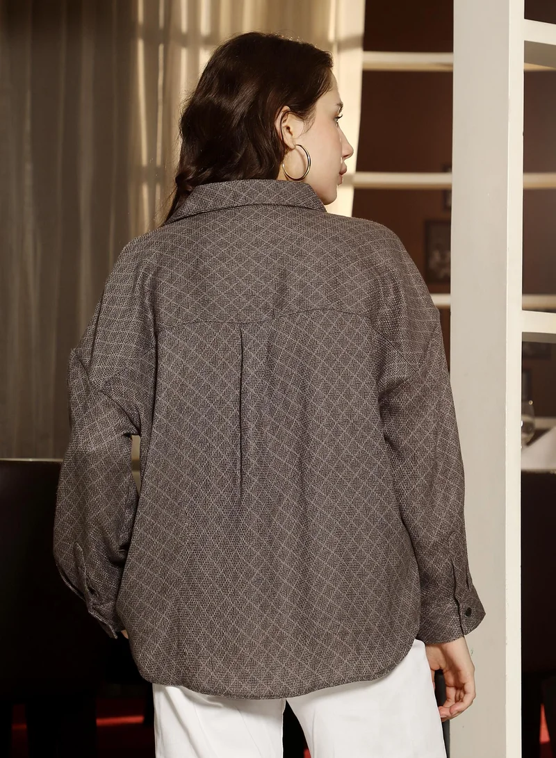 PINACOLADA Pinacolada Women's Umber Brown Diamond Dobby Oversized Shirt | Spread Collar , Long Cuffed Sleeves , Button Closure | Geometric Dobby Material | Polyester Shirt For Casual Wear