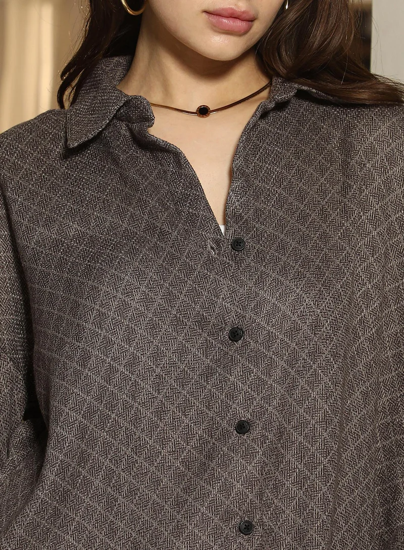 PINACOLADA Pinacolada Women's Umber Brown Diamond Dobby Oversized Shirt | Spread Collar , Long Cuffed Sleeves , Button Closure | Geometric Dobby Material | Polyester Shirt For Casual Wear