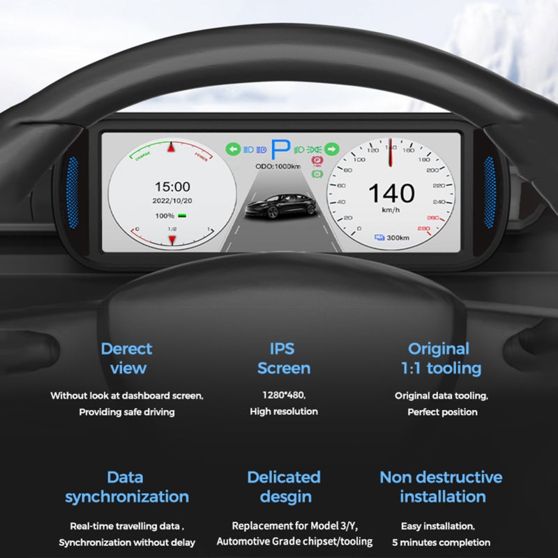 شاشة العرض المرئي (HUD): شاشة IPS بدقة HD 1280*480 - تركيب غير مدمر وآراء عرض متعددة لسائقي سيارات تيسلا موديل Y/3 للسنوات 2019-2022 - Image 2