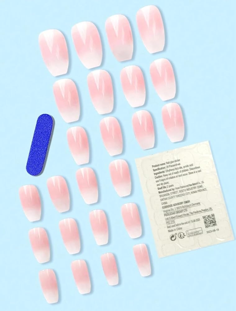 Suerte Press On Nails Coffin tips Hailey gradient french Long Solid Color Glossy 24pcs Press On Nails shiny Manicure nail art trendy, Glazed donut style Fake acrylic nails with file and glue kit - Image 2