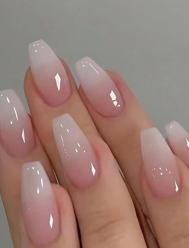 Suerte Press On Nails Coffin tips Hailey gradient french Long Solid Color Glossy 24pcs Press On Nails shiny Manicure nail art trendy, Glazed donut style Fake acrylic nails with file and glue kit - Image 1