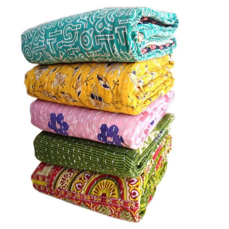 TEXTILLHUB TEXTILLHUB Indian Tribal Kantha Quilt Vintage Handmade Blanket Patch Throw Hippie Bohemian Cotton Saree Made Kantha 1