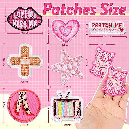 NICEVINYL Embroidered Preppy Iron on Patches: 35PCS Pink Embroidery Sew on Applique Patch for Clothing - Image 3