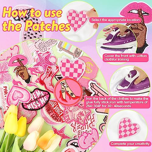 NICEVINYL Embroidered Preppy Iron on Patches: 35PCS Pink Embroidery Sew on Applique Patch for Clothing - Image 5