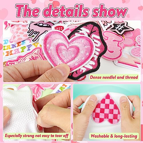 NICEVINYL Embroidered Preppy Iron on Patches: 35PCS Pink Embroidery Sew on Applique Patch for Clothing - Image 2