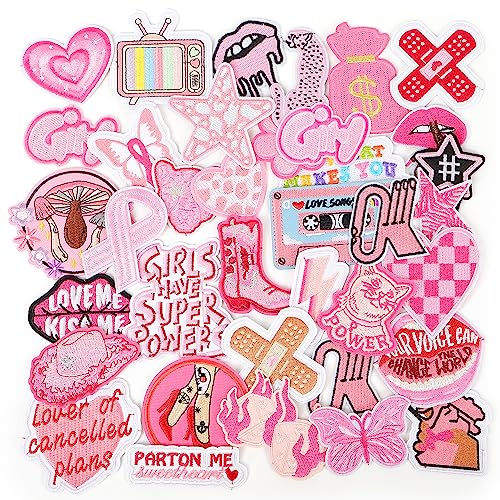 NICEVINYL Embroidered Preppy Iron on Patches: 35PCS Pink Embroidery Sew on Applique Patch for Clothing - Image 1