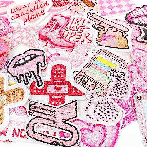 NICEVINYL Embroidered Preppy Iron on Patches: 35PCS Pink Embroidery Sew on Applique Patch for Clothing - Image 4