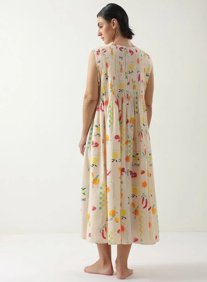 Sanskrutihomes Peach Sleeveless Midi Dress with Fruit Print