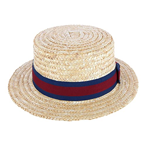 CTM Straw 2 Inch Brim Boater Hat with Navy Band and Elastic Sweatband, Medium, Natural - Image 2