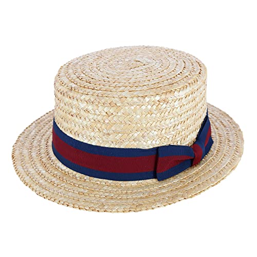 CTM Straw 2 Inch Brim Boater Hat with Navy Band and Elastic Sweatband, Medium, Natural - Image 1