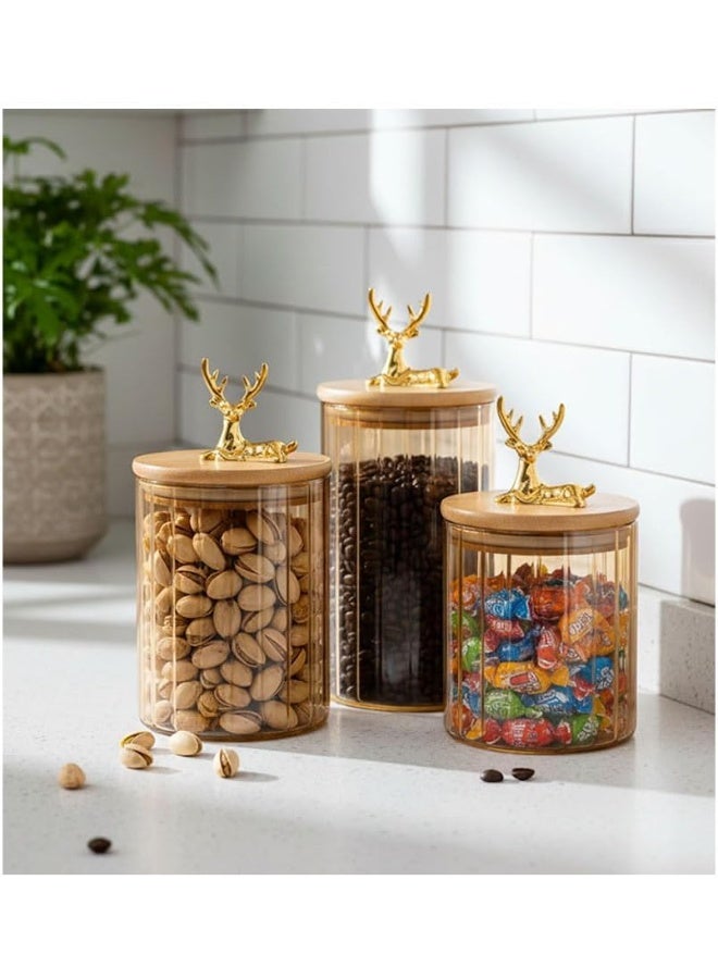 Glass Storage Jars With Wooden Lid And Golden Deer Handle Set Of 3 Pieces - Image 1