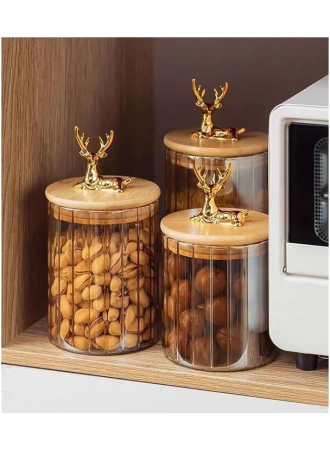 Glass Storage Jars With Wooden Lid And Golden Deer Handle Set Of 3 Pieces - Image 2
