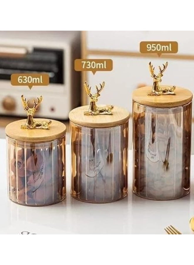 Glass Storage Jars With Wooden Lid And Golden Deer Handle Set Of 3 Pieces - Image 4