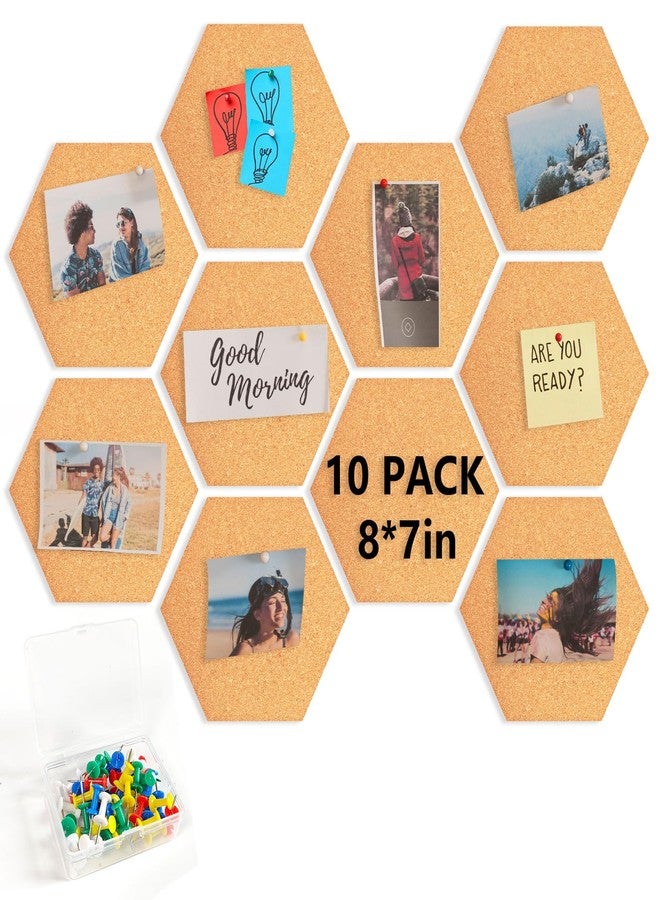 Anpuimult 10 PCS Hexagon Cork Board Tiles, Self-Adhesive Cork Bulletin Board for Home Office Decor, Cork Boards for Walls with 50 PCS Color Push Pins - Image 1
