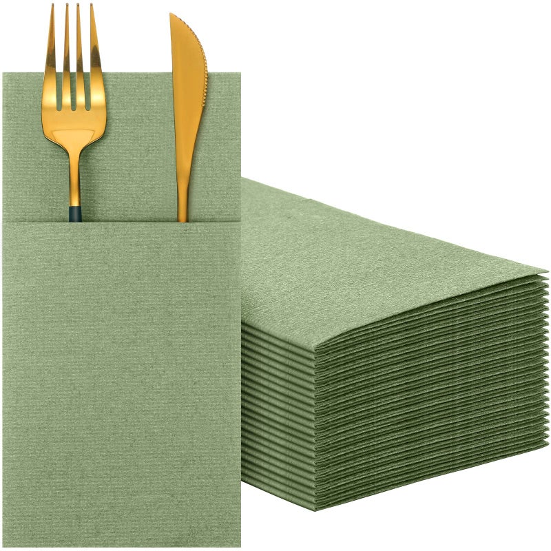 Cindeer 75 Pcs Sage Green Linen Dinner Feel Napkins with Built in Flatware Pocket Prefolded Paper Disposable Airlaid Guest Hand Towel for Silverware Wedding Reception Christmas Baby Shower