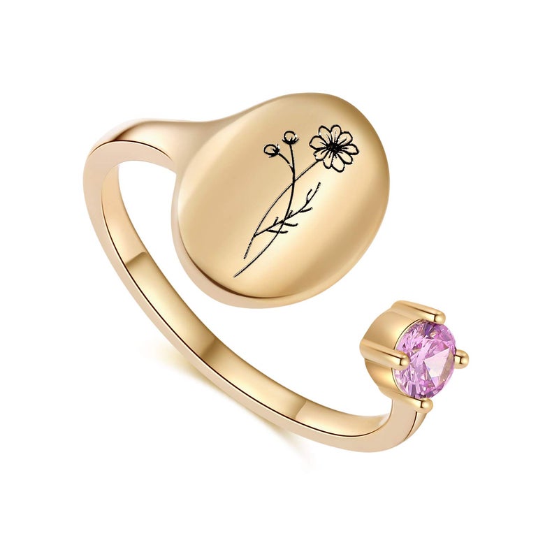SLOONG Handmade Birth Flower Signet Ring 14K Gold Plated Birth Stone Ring Birthday Gift for Mom Daughter Girlfriend Wife (October-Marigold) - Image 1