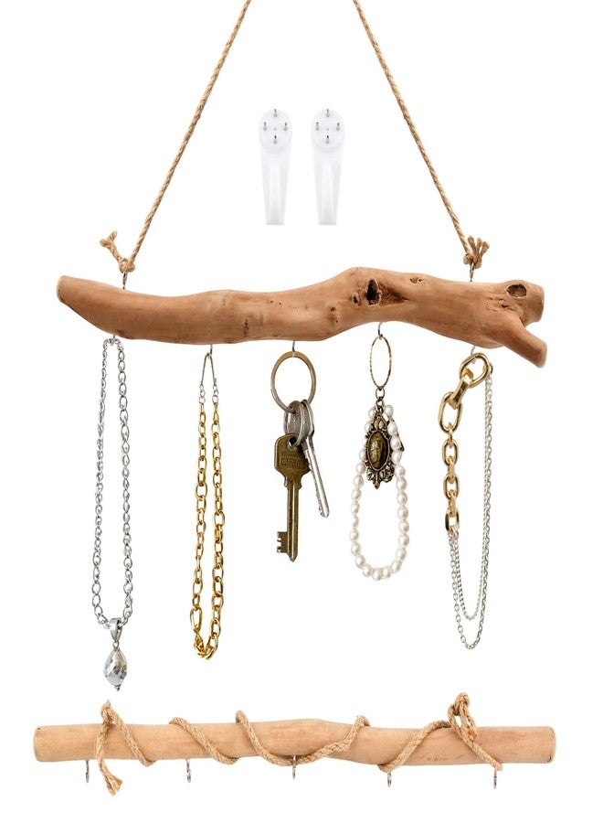 YOSINXU 2Pcs 15 Inch Natural Driftwood Decorative Branches Farmhouse Home Wall Hanging Decor Hanging Jewelry Organizers with 5 Hooks Decorative Farmhouse Home Wall Decor - Image 3