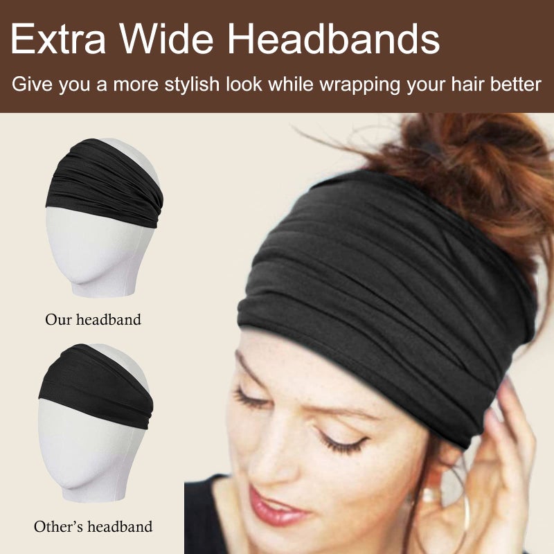 TERSE 2 Packs Headbands for Women Boho Extra Wide 7â€™â€™ Black Head Bands African Knotted Non Slip Fashion Hair Band Stretch Yoga Workout Running Gym Hairbands Turban Bandana for Girls - Image 2