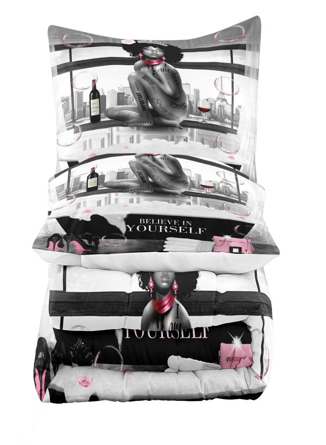 LUVIVIHOME 3PCS African American Black Girl Comforter Set, King Size Comforter Set, Bag High Heels Inspirational Quotes Black and White Bedding Quilt, Pink Bedroom Decor for Women, 2 Pillow Shams - Image 4