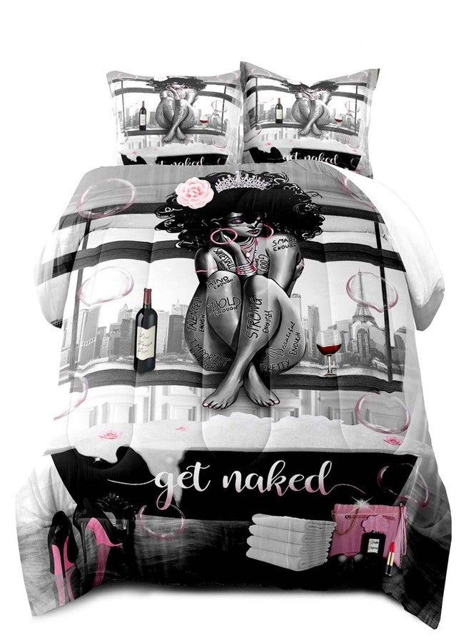 LUVIVIHOME 3PCS African American Black Girl Comforter Set, King Size Comforter Set, Bag High Heels Inspirational Quotes Black and White Bedding Quilt, Pink Bedroom Decor for Women, 2 Pillow Shams - Image 2