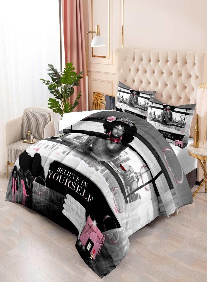 LUVIVIHOME 3PCS African American Black Girl Comforter Set, King Size Comforter Set, Bag High Heels Inspirational Quotes Black and White Bedding Quilt, Pink Bedroom Decor for Women, 2 Pillow Shams - Image 3