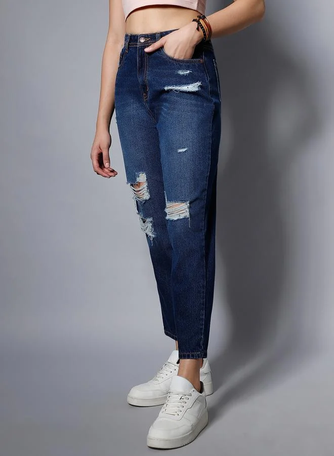 High Star  Women's Blue 100% Cotton Solid Pattern Full Length Mom Fit Jeans for Women | Best Price UAE