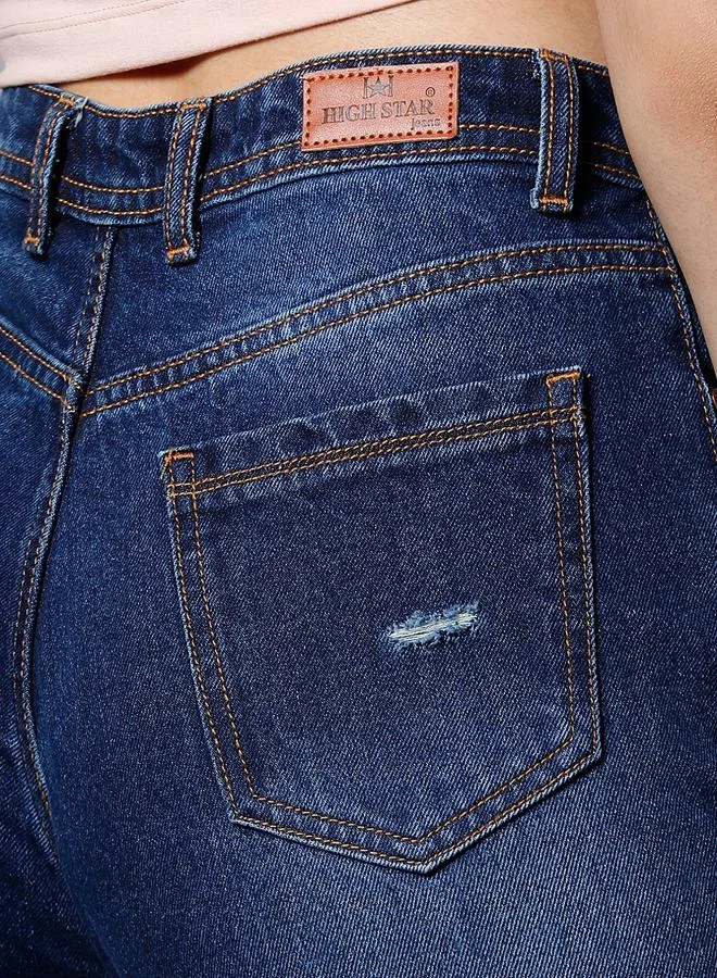 High Star  Women's Blue 100% Cotton Solid Pattern Full Length Mom Fit Jeans for Women | Best Price UAE