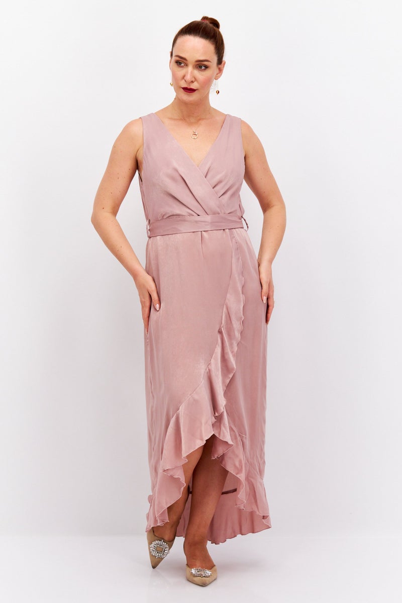 Blume Women Belted Plain Wrap Dress, Pink - Image 1