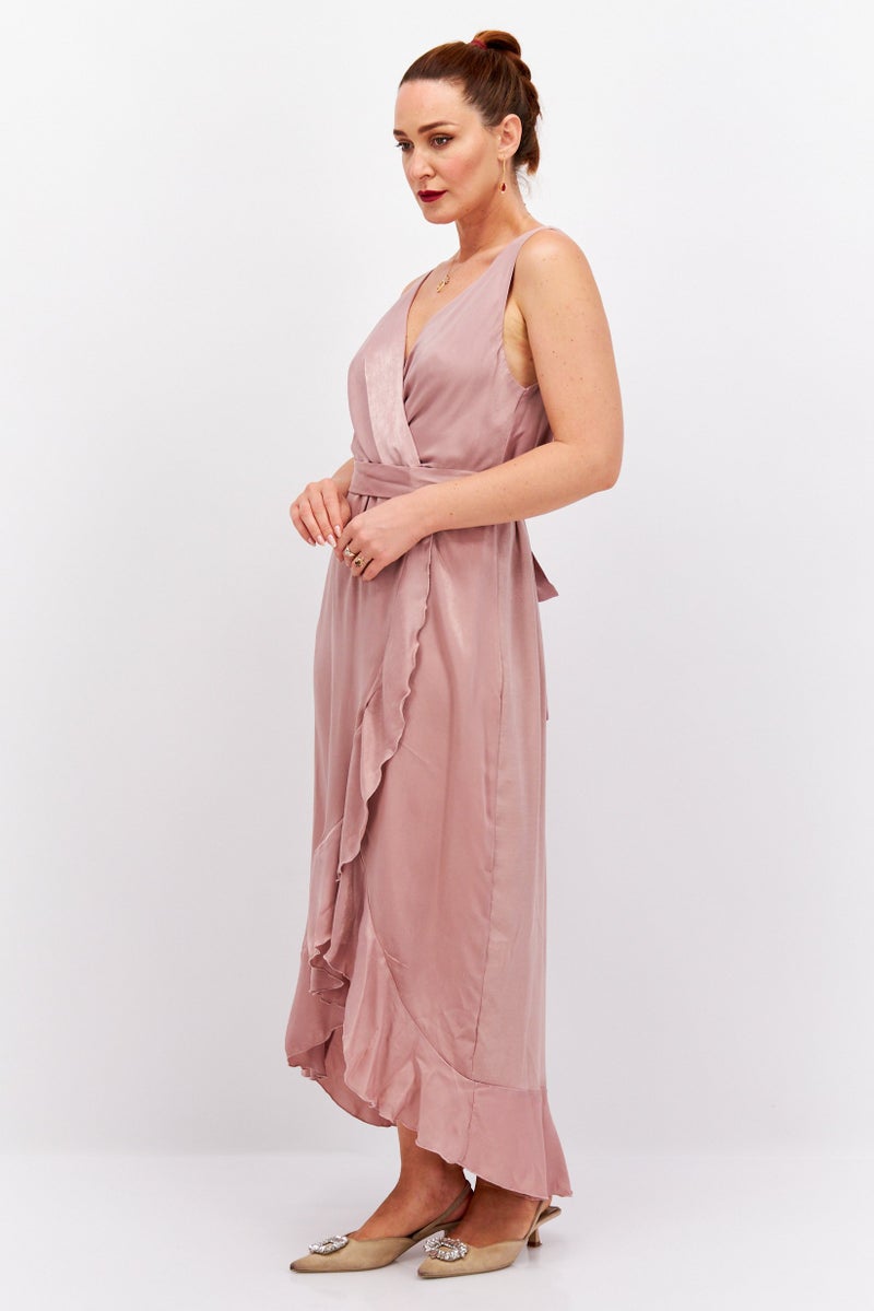 Blume Women Belted Plain Wrap Dress, Pink - Image 3