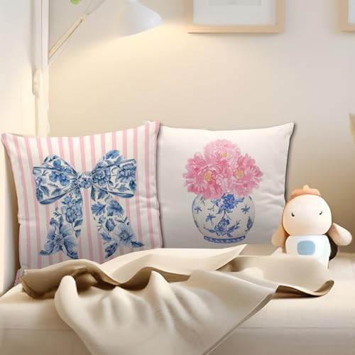 Nvotell Coquette Chinoiserie Bow Pillow Covers 18x18 Blue and White Floral Throw Pillow Cases Pink Bow Room Decor Girly Room Decor Aestheticm Grand Millenial Pillow Covers Set of 2 - Image 3