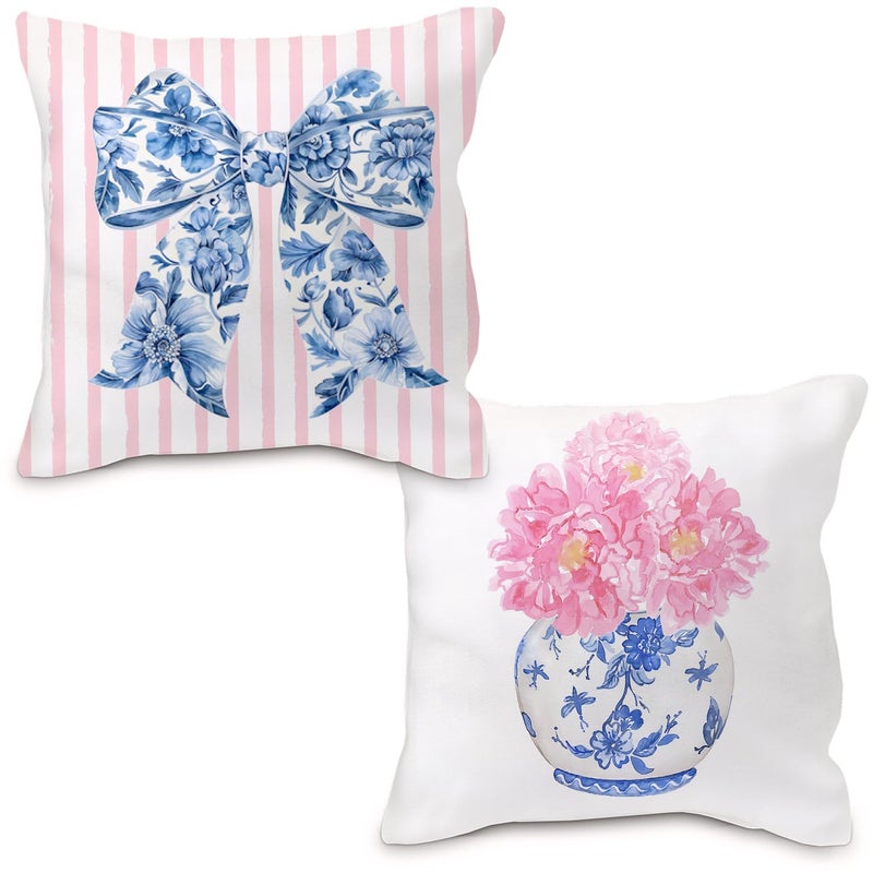 Nvotell Coquette Chinoiserie Bow Pillow Covers 18x18 Blue and White Floral Throw Pillow Cases Pink Bow Room Decor Girly Room Decor Aestheticm Grand Millenial Pillow Covers Set of 2 - Image 2
