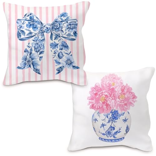 Nvotell Coquette Chinoiserie Bow Pillow Covers 18x18 Blue and White Floral Throw Pillow Cases Pink Bow Room Decor Girly Room Decor Aestheticm Grand Millenial Pillow Covers Set of 2 - Image 1