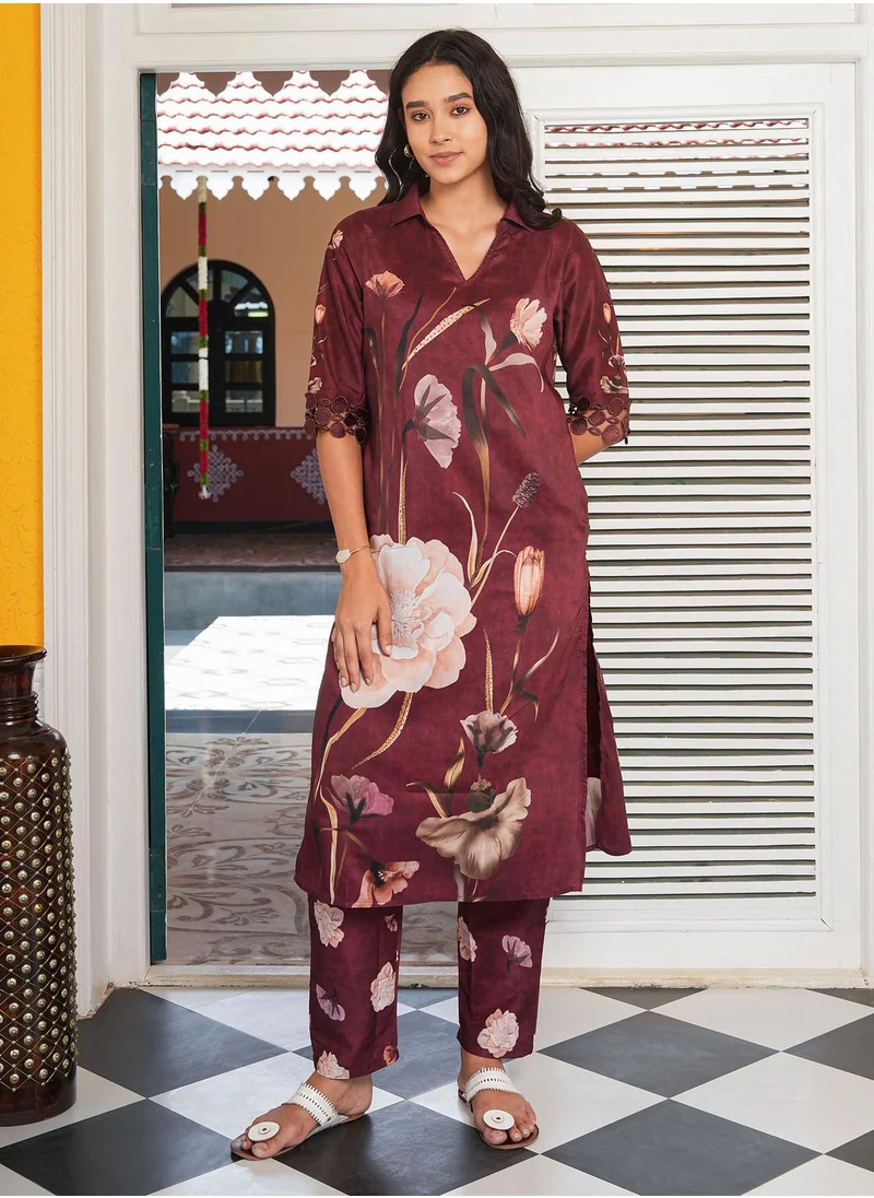  قصة Women's Burgundy Red Bloomera Imprint Kurta Set