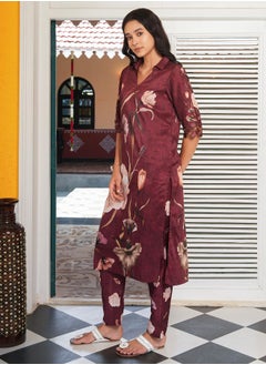  قصة Women's Burgundy Red Bloomera Imprint Kurta Set  - Image 3
