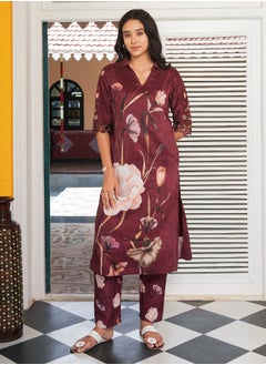  قصة Women's Burgundy Red Bloomera Imprint Kurta Set  - Image 2