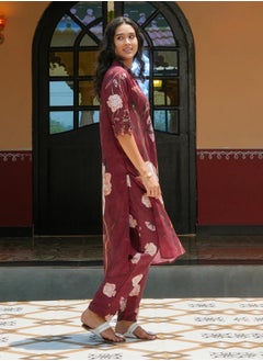 قصة Women's Burgundy Red Bloomera Imprint Kurta Set  - Image 5