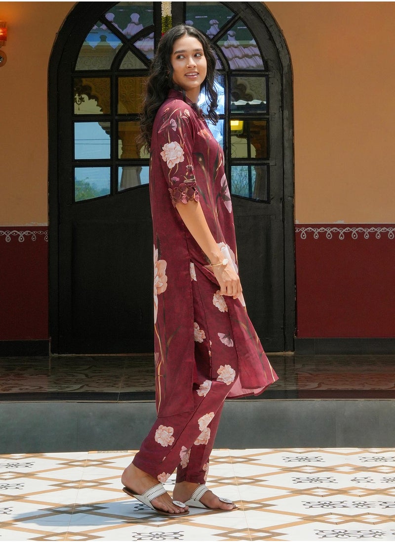  قصة Women's Burgundy Red Bloomera Imprint Kurta Set  - Image 5