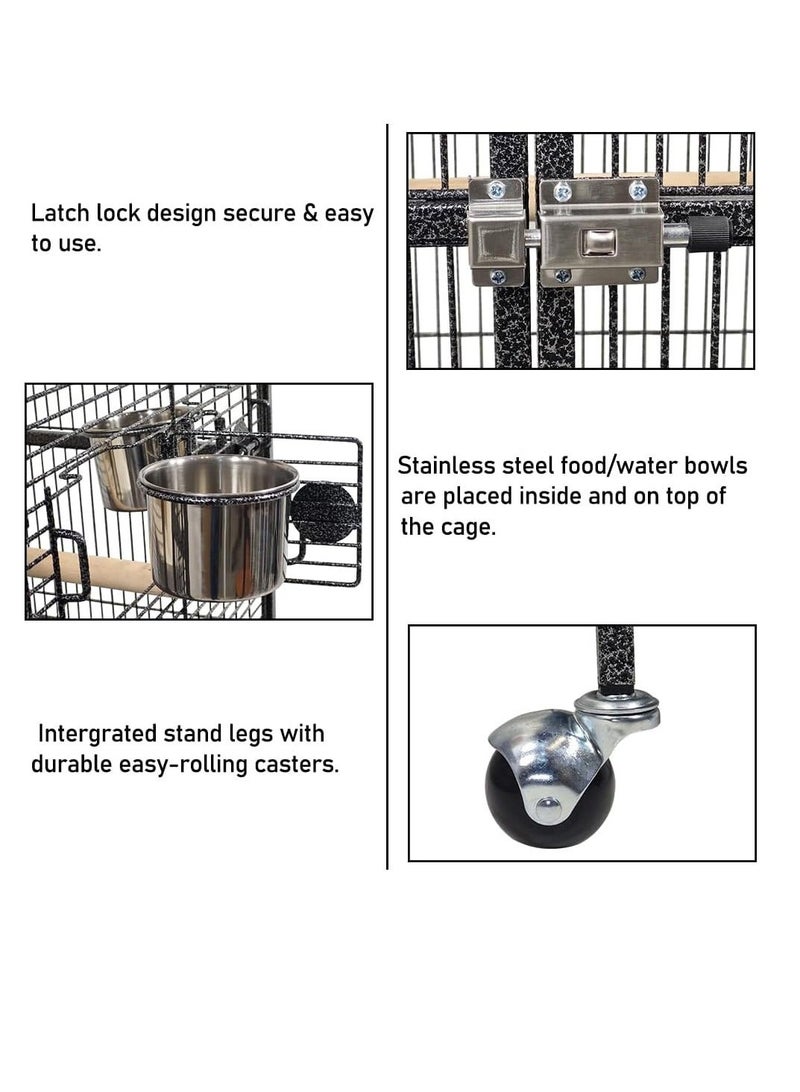أن ان سي بيتس قفص طيور، قفص طيور معدني متين مع منطقة لعب علوية، مجاثم خشبية، أوعية تغذية، صينية قابلة للإزالة، وعجلات عالمية، مناسب للببغاوات والماكاو والطيور الكبيرة الأخرى 154 سم (أسود) - Image 4