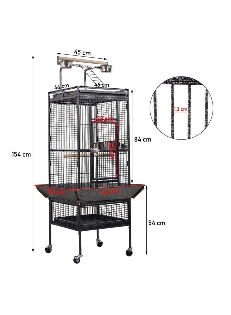 أن ان سي بيتس قفص طيور، قفص طيور معدني متين مع منطقة لعب علوية، مجاثم خشبية، أوعية تغذية، صينية قابلة للإزالة، وعجلات عالمية، مناسب للببغاوات والماكاو والطيور الكبيرة الأخرى 154 سم (أسود) - Image 3