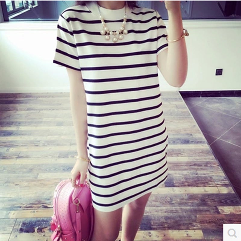 2024 Summer Stripe Loose Womens T-Shirt Dress White White