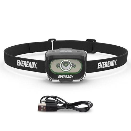 Eveready مصباح رأس قابل لإعادة الشحن من إيفر ريدي LED، 300 لومن، مقاوم للماء IPX4، عدسة مقاومة للكسر، مصباح رأس LED رائع في الهواء الطلق، كابل شحن ميكرو-USB متضمن - Image 1
